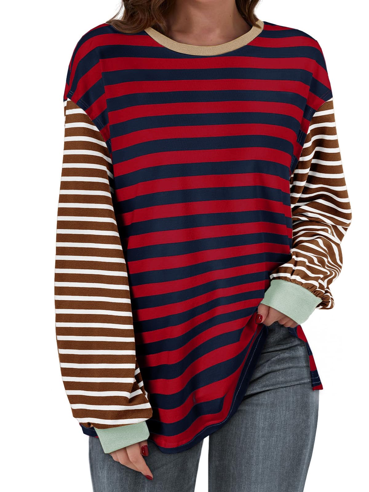 Tankaneo Womens Striped Long Sleeve Shirt Oversized Fall Tshirts Crewneck Split Knit Color Block Tops Brown